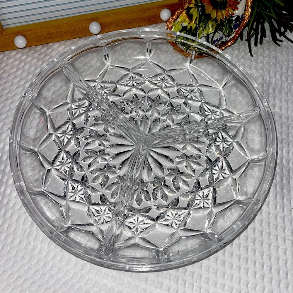 Vintage Smith Glass Daisy & Button 3 part Relish Dish / Tray